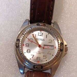 Benrus Silver Dial Brown Leather Strap Quartz Watch